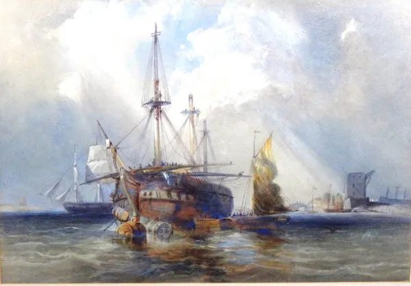 Circle of Miles Edmund Cotman, Vessels at anchor, watercolour, 29cm x 41cm.
