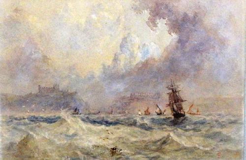 Attributed to Myles Birket Foster (1825-1899), Vessels off the coast, Whitby, watercolour, bears a monogram, 9.5cm x 13cm.