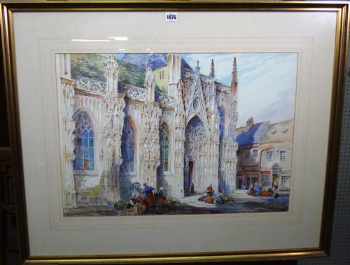 English School (c.1900), A flower market before a cathedral, watercolour, 45cm x 64cm.