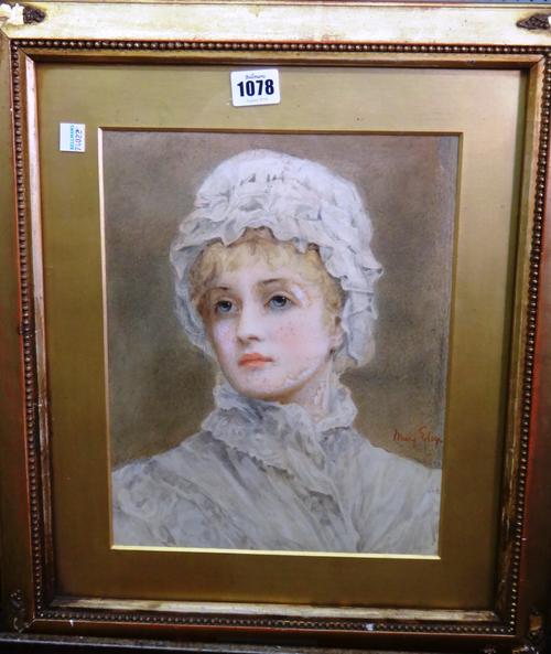Mary Eley (fl.1874-1890), 'Dear her face to me; Dearer her fancy free; Dearest her constancy': Study of a young lady, watercolour, signed, inscribed o