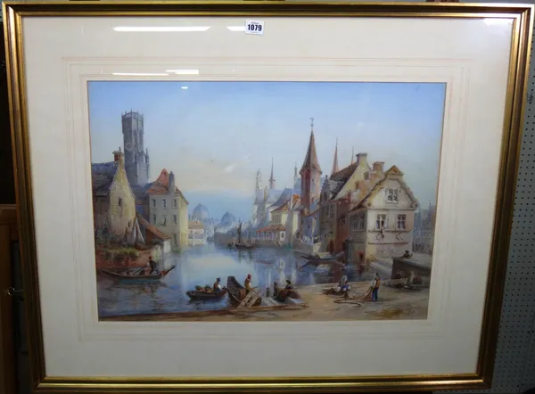J** M** (late 19th century), A quayside, possibly Bruges, watercolour, signed with initials and dated 1877, 45cm x 63cm.