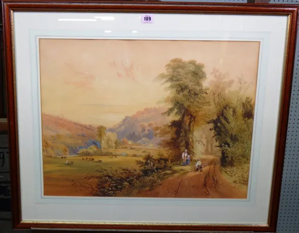English School (19th century), A landscape with figures chatting on a lane, watercolour, 47cm x 61cm.  H1