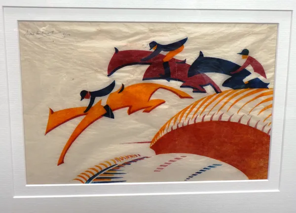 Sybil Andrews (1898-1992), Steeplechasing, colour linocut, signed and numbered 5/50 in pencil, 16cm x 26cm.  Provenance: with the Redfern Gallery. DDS