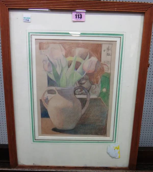 English School (early 20th century), Still life of tulips in a vase, crayon, 26cm x 20cm.  I1