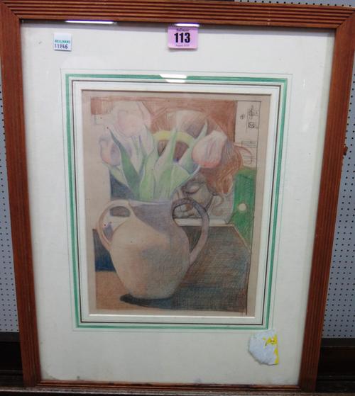 English School (early 20th century), Still life of tulips in a vase, crayon, 26cm x 20cm.  I1