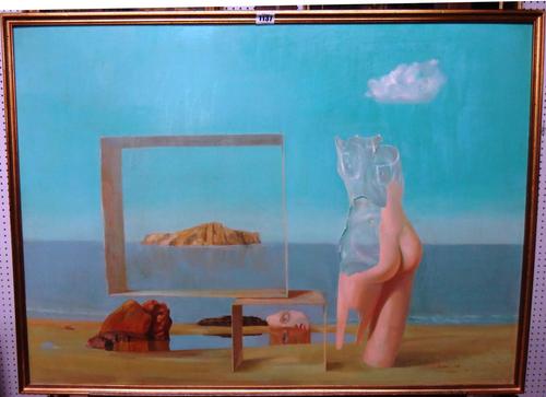 ** Natason (20th century), Elemnti per costzuize un Tempio, oil on board, 64cm x 90cm.