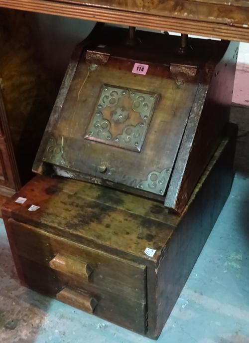 An early 20th century walnut and brass mounted coal scuttle, 32cm wide and a two drawer slide cabinet, 36cm wide, (2).  BAY 1