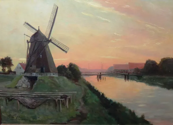 Harald Julius Pryn (1891-1968), Windmill at sunset, Karrebaeksminde, Denmark, oil on canvas, signed and inscribed, 49cm x 69cm. DDS