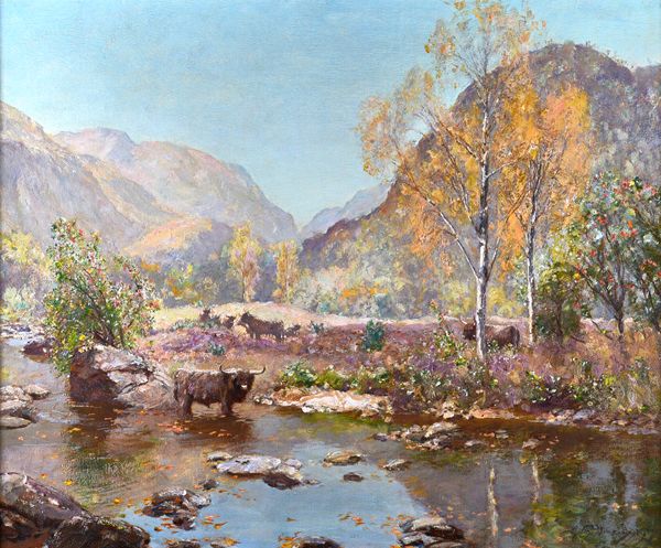 Sir David Murray (1849-1933), Autumn Gently Tints the Glen, oil on canvas laid on board, signed, inscribed and dated 1917, 75cm x 90cm. Illustrated