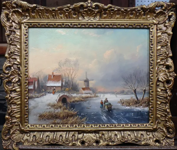 A. Hessel (early 20th century), Frozen Dutch winter landscapes, a pair, oil on panel, both signed, each 19cm x 24cm.(2)