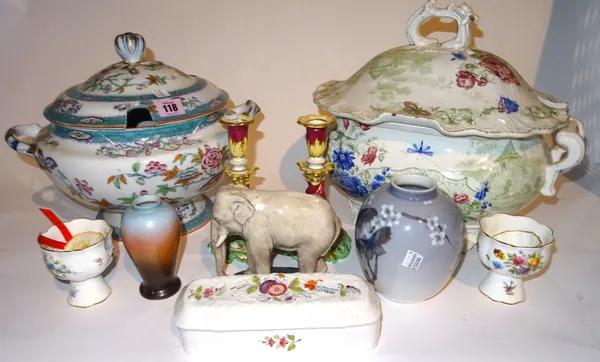 Ceramics, including two large floral decorated tureens, a Spode jug and bowl, an Austrian model of an Elephant, a Copenhagen vase, various plates and