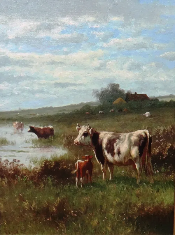 William F. Hulk (1852-1906), Landscape with cattle watering, oil on canvas, signed, 29cm x 21.5cm.