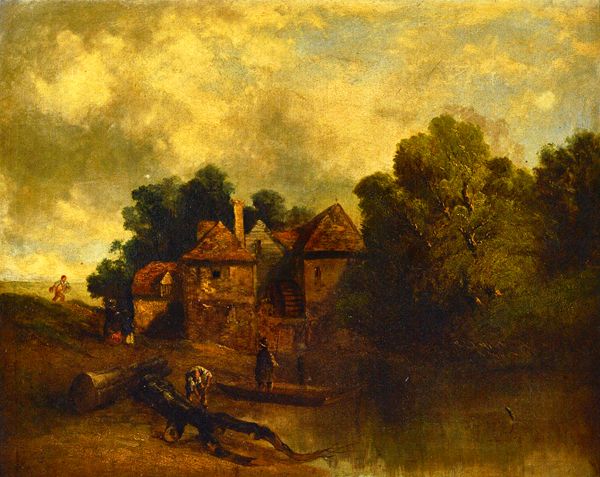 Follower of John Crome, Figures before an old mill, oil on canvas, 60cm x 75cm. Illustrated