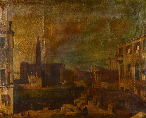 Venetian School (19th century), The Stonemason's yard, with Santa Maria della Carita, Venice, oil on canvas, unframed, 73cm x 89cm. Illustrated