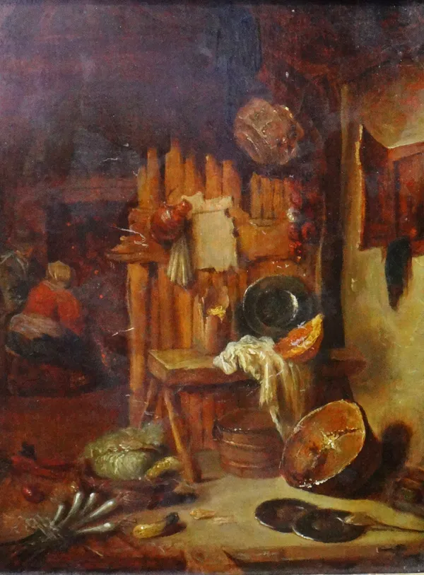 Follower of Willem Kalf, Kitchen interior, oil on panel, 25cm x 19cm.