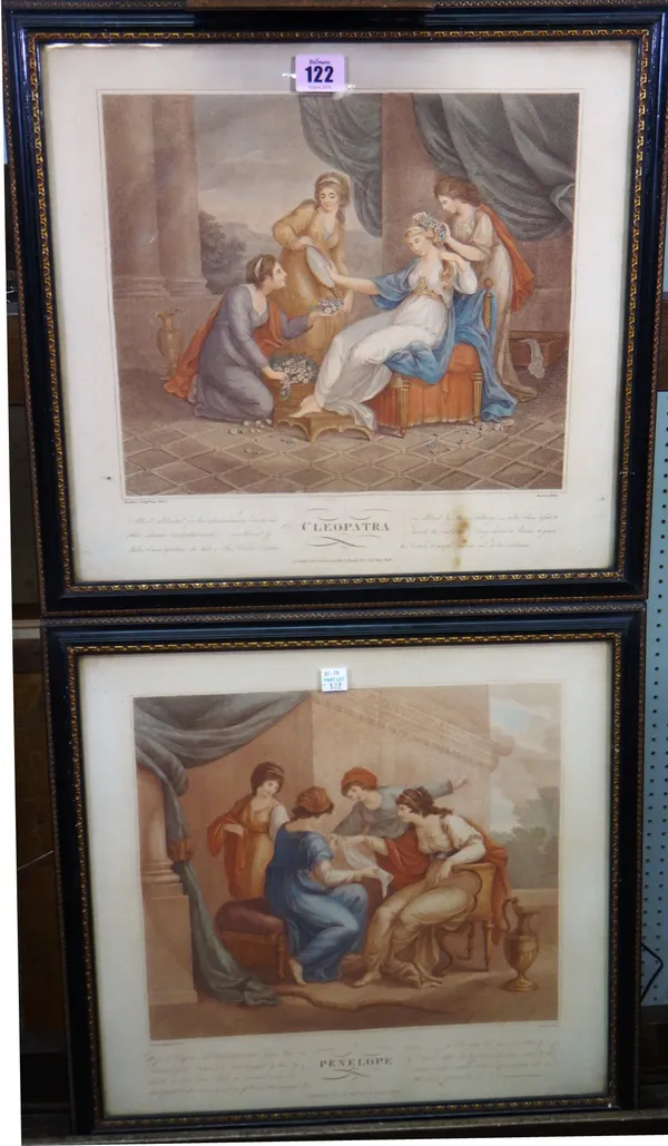 A group of seven, including a pair of colour stipple engravings after Angelica Kauffman 'Penelope' and 'Cleopatra', 43cm wide x 42cm high, two colour
