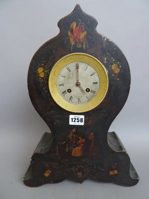 A French polychrome painted wooden cased mantel clock, late 19th century, of waisted form on a spreading base, with two train movement and countwheel