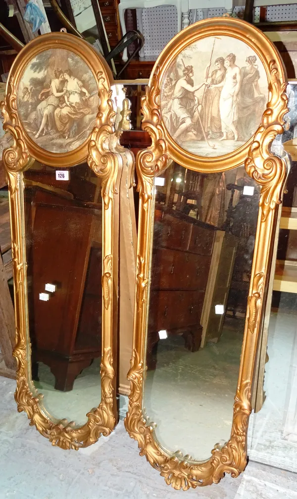 A pair of 20th century gilt framed rectangular wall mirrors, 33cm wide x 109cm high, (2).   MIRR