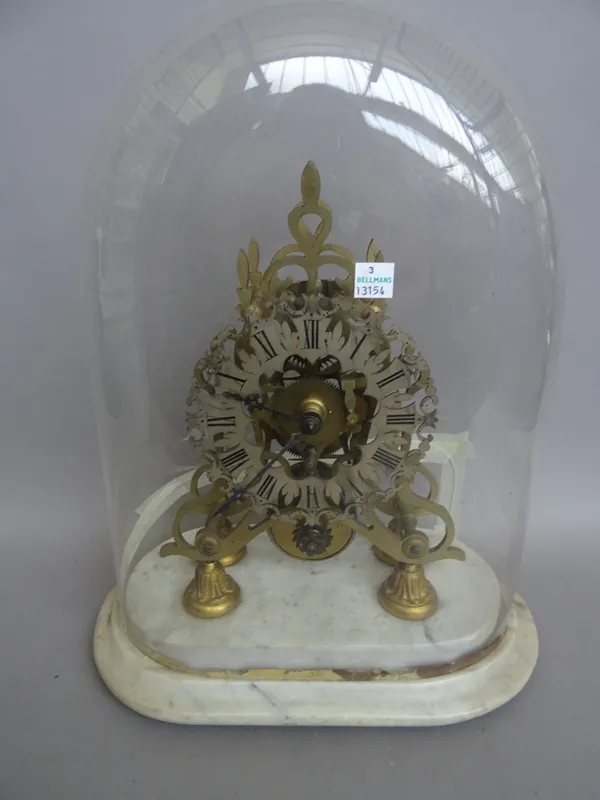 A Victorian brass skeleton clock with single fusee movement on a shaped marble base with glass dome, (a.f.), clock 28cm high, (key & pendulum)