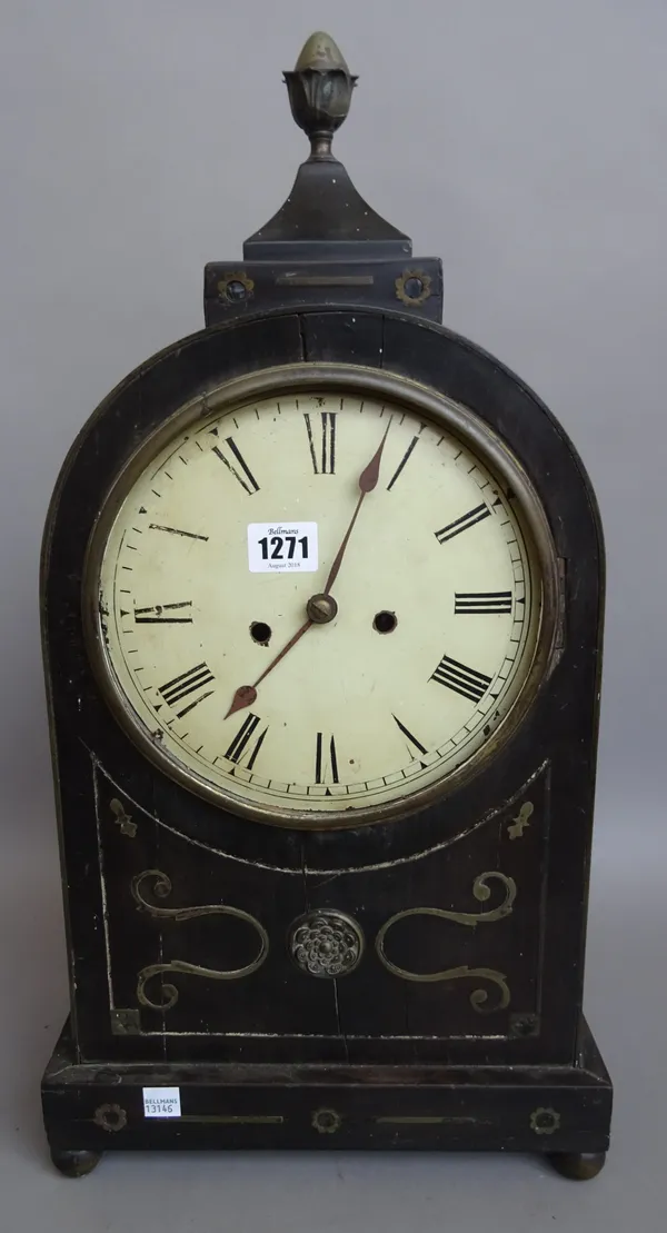 A Regency brass inlaid bracket clock with painted metal dial, two twin movement with count wheel and bell, (a.f.), 56cm high (key and pendulum).
