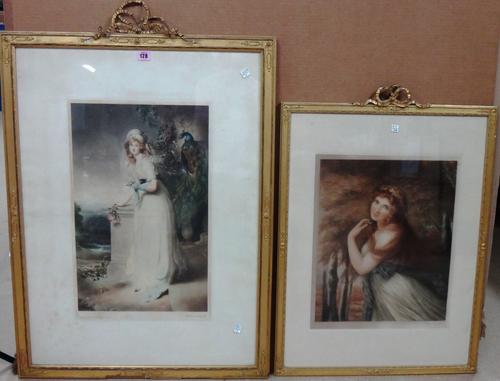 A group of twelve assorted prints, of mainly portrait and figurative subjects, including seven colour mezzotints after Reynolds, Romney, Lawrence and