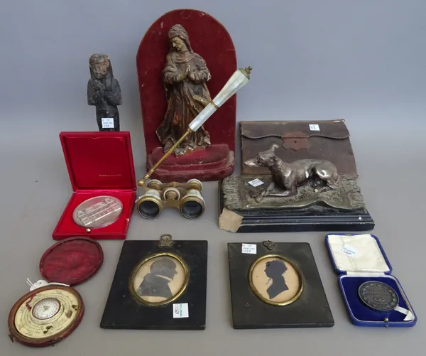 A quantity of small collectables, including; a mid-19th century James Houliston ivory pocket thermometer and compass (a.f), a giltwood carved religiou