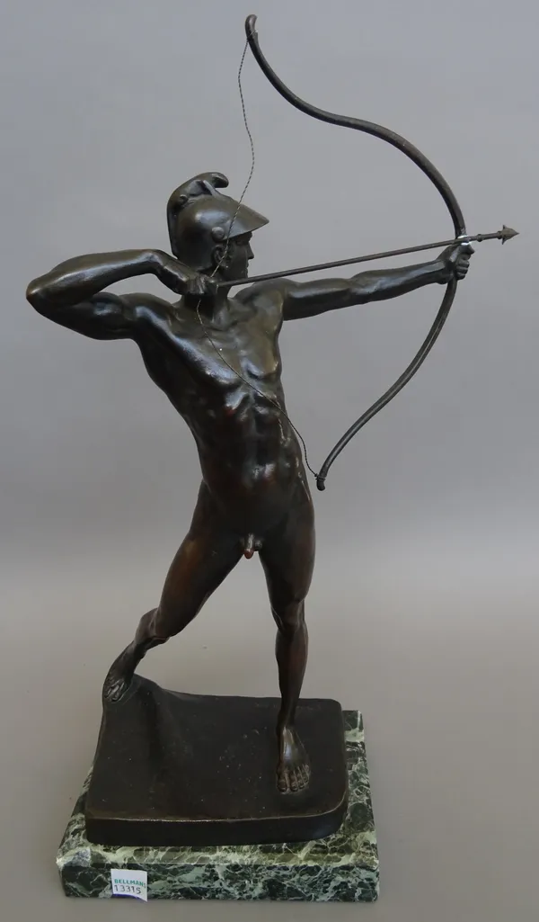 Ernst Moritz Geyger, German (1861-1941), a bronze figure of The Archer, the standing naked figure wearing a helmet drawing a bow, raised on a naturali
