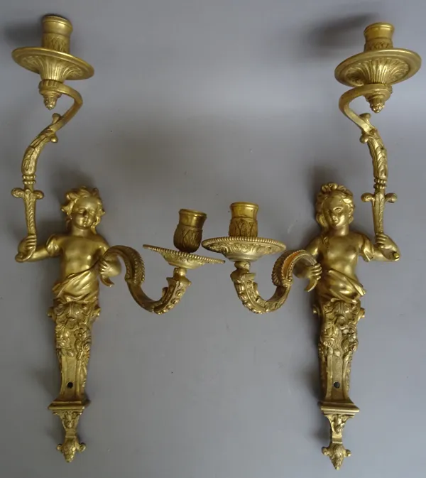 A pair of French ormolu twin branch wall lights in the manner of Andre-Charles Boulle, 19th century, the classical figures modelled holding two foliat