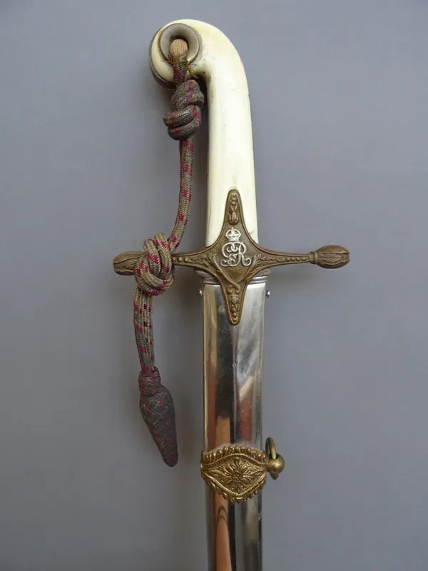 A George V 1831 pattern officer's Mameluke sword, by 'J.R. GAUNT & SON LTD LATE EDWARD THURKLE LONDON & BIRMINGHAM', with curved engraved steel blade