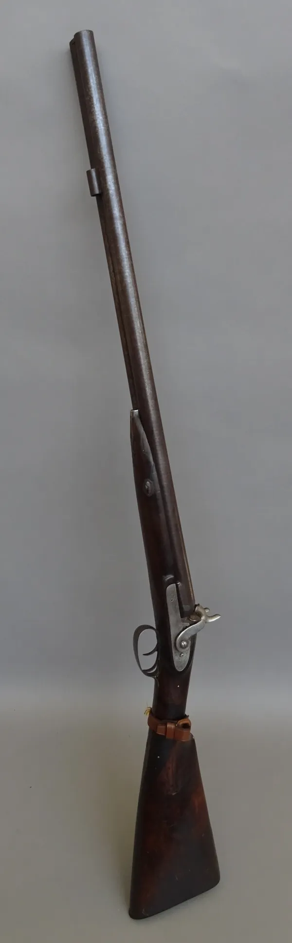 A double barrelled percussion shotgun by J. Harrison, 19th century, with side by side damascene steel barrels (70cm), foliate engraved lock plate and