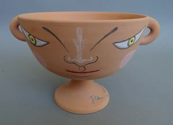 Jean Cocteau (French, 1889 -1963) 'Enfance', conceived 1971, terracotta twin handled cup, signed, Ltd Edition 42/50. 11.2cm high.  DDS Illustrated