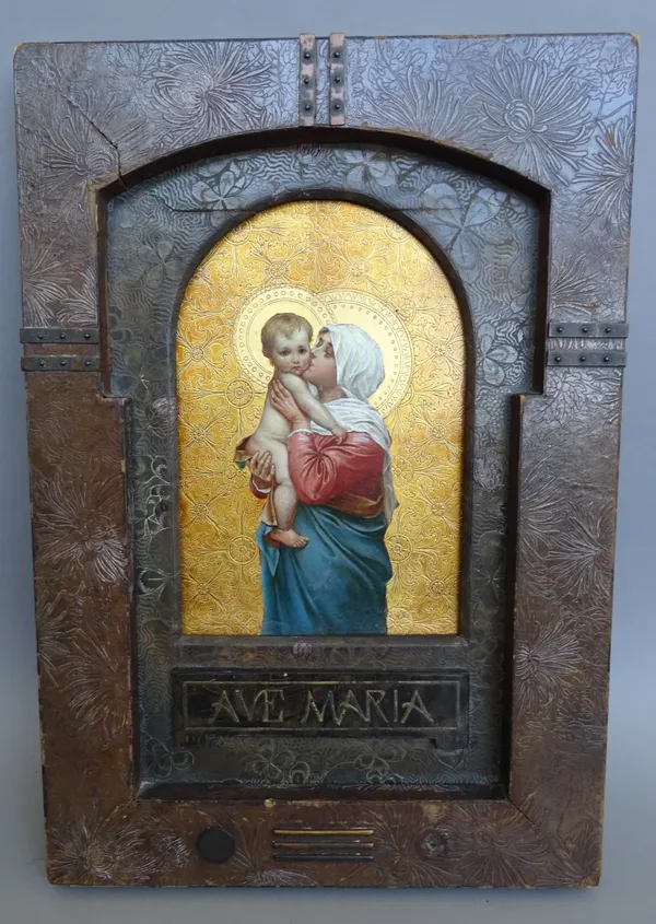 A Russian icon, 19th century, depicting The Holy Mother Mary and young baby Jesus, against a gilt foliate ground, titled beneath 'AVE MARIA' in a leat