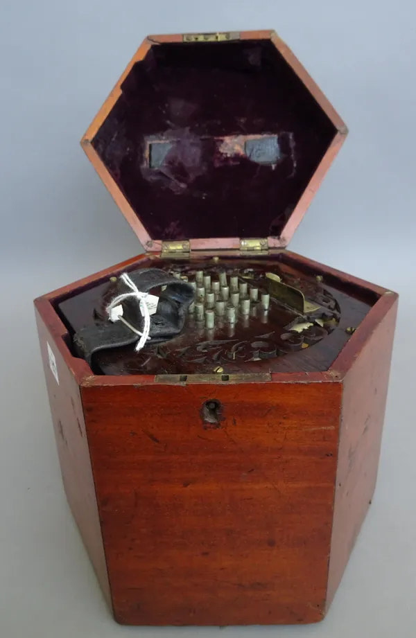 A 19th century rosewood and leather bound squeeze box or concertina, of hexagonal form, possibly by Wheatstone, lacking original makers label, cased,