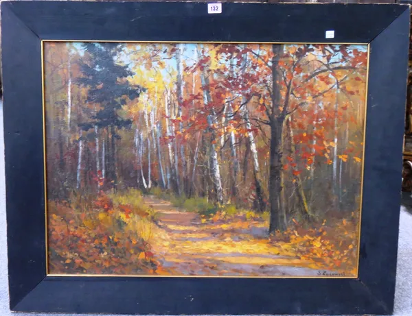 Follower of Stanislav Yulianovich Zhukovsky, Autumnal woodland scene, oil on canvas, bears a signature, 58cm x 79cm.  H1