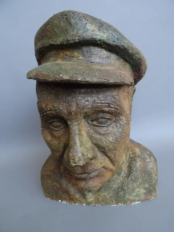A Belgian painted terracotta bust of a fisherman, by Martine Labbeke (b.1953), incised 'M. LABBEKE', 36cm high.  DDS