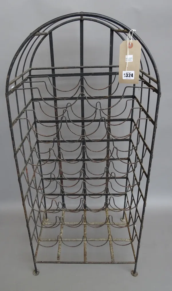 A modern black painted wrought iron wine rack of domed open cage form with space for 25 bottles over 7 graduated shelves, 98cm high.