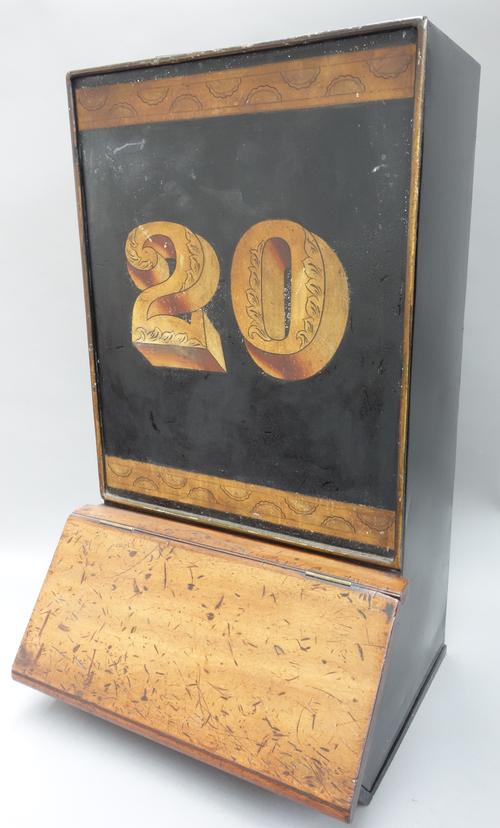 A tole peinte and mahogany shop fitter's tea bin by Parnall & Sons Ltd, Bristol, of rectangular form with gilt '20' to the front and a mahogany hinged