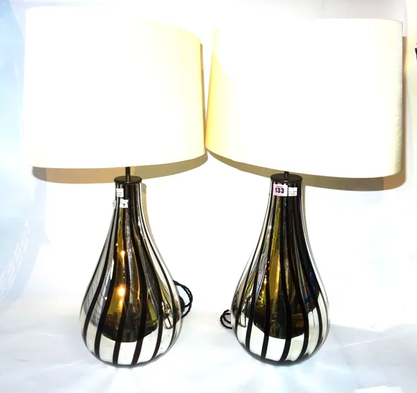 A pair of 20th century silvered glass table lamps of tear drop form with brown spiral twist decoration, 50cm high (2). S4M