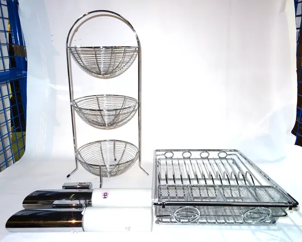 A 20th century chrome drying rack, a pair of chrome and opaque glass wall lights and a chrome three tier basket stand (4).  S4M