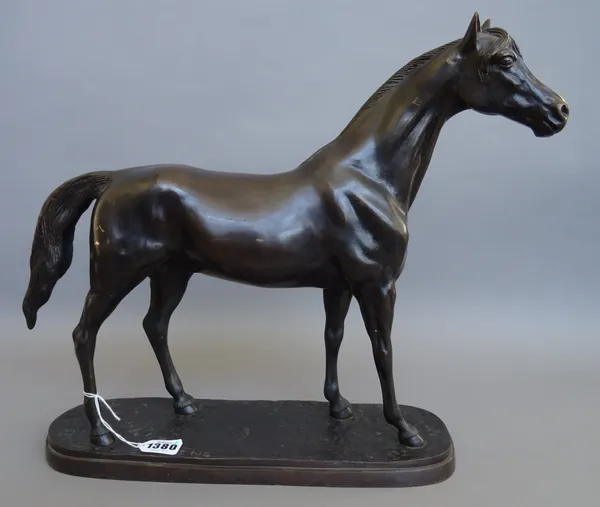 After Mene, A French patinated bronze horse, late 19th century, signed to the cast on a naturalistic oval base, 37cm high. Illustrated