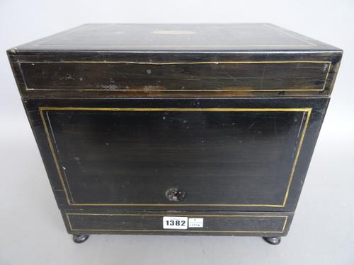 A French rosewood and brass inlaid liqueur box, 19th century, with associated glass contents, 30cm wide.
