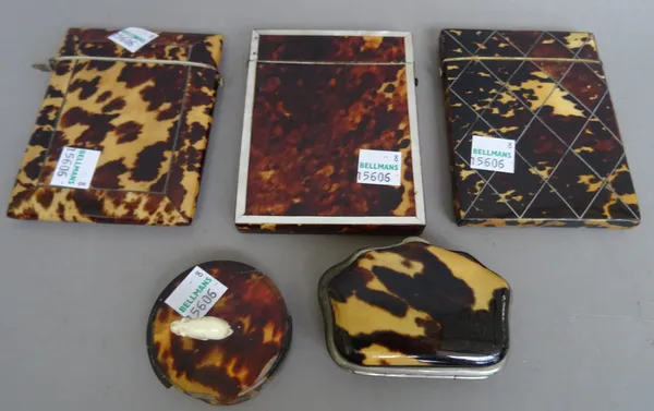 A Victorian tortoiseshell and mother-of-pearl inlaid visiting card case (10cm), two further similar, a tortoiseshell purse and desk weight with elepha