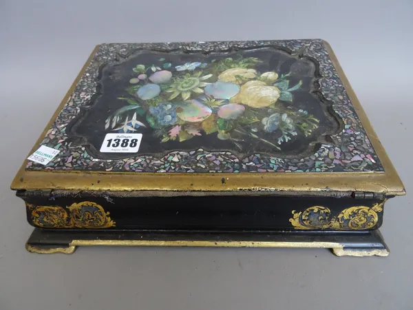 A Victorian papier mache and mother-of-pearl inlaid writing slope painted with flowers (29cm wide), another smaller, a foliate painted papier mache je