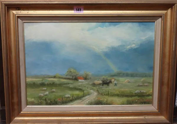 Eileen Quinn (20th century), The Harvesters, oil on board, signed, 29cm x 44cm.  H1
