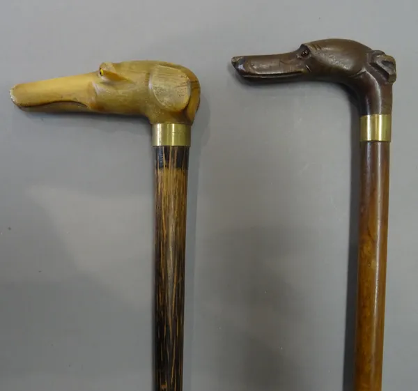 A horn mounted dog's head walking stick, late 19th century, with inset glass eyes on a hardwood cylindrical tapering shaft (87cm) and a lady's wooden