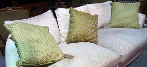 Cushions, a pair of gold/yellow decorative cushions and another similar (3).  BAY 2