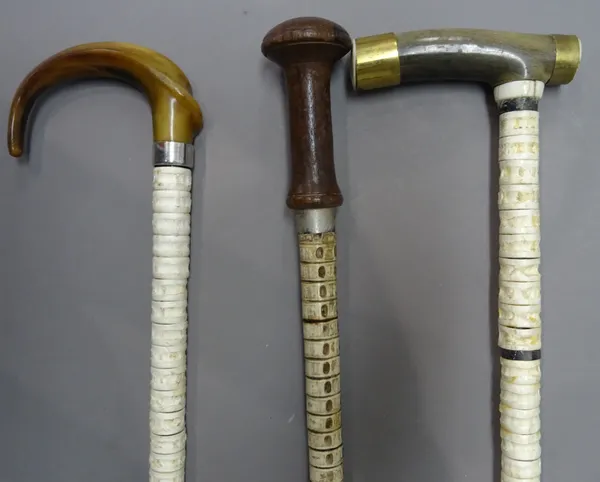 Two shark vertebrae walking sticks, each with earlier late 19th century horn handles (95.5cm) and one further shark vertebrae stick, with a turned woo