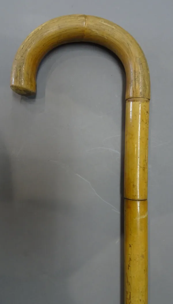 A walking stick 'tripod' gadget cane circa 1900, 'Jaki', the handle unscrewing to reveal a removable camera tripod, 90.5cm.
