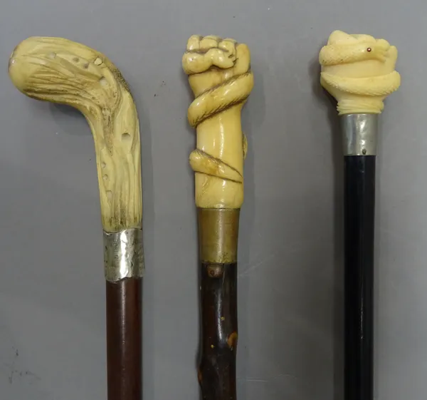 A Victorian ivory topped walking cane, the pommel carved as a clenched fist holding a snake (84.5cm), another similar cane and one further with a natu