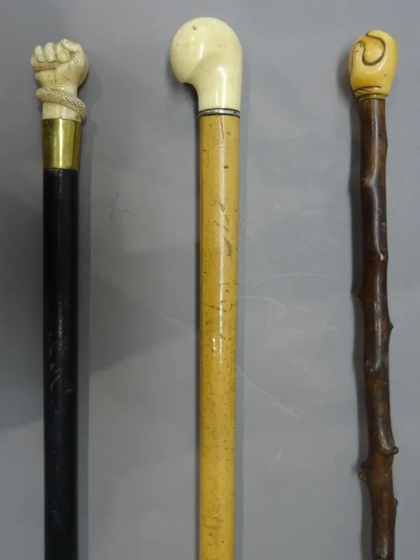 An ivory mounted ebonised walking cane, late 19th century, the pommel carved as a clenched fist holding a snake (93.5cm), another stick with ivory pom